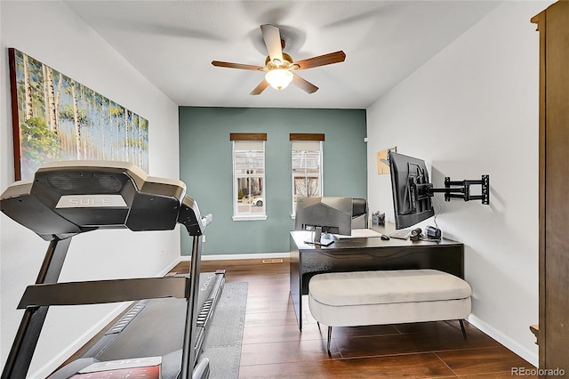 office area featuring ceiling fan, baseboards, and wood finished floors