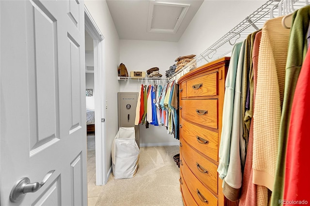 spacious closet with attic access and carpet floors