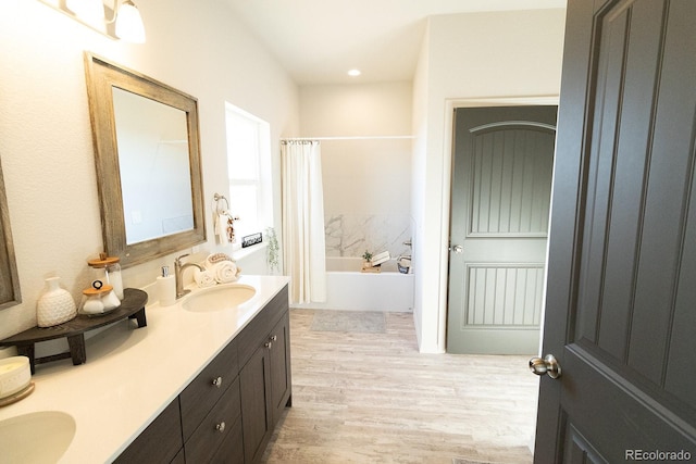 bathroom with hardwood / wood-style floors and vanity