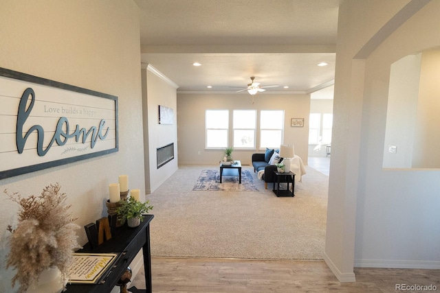 living room with ceiling fan, light hardwood / wood-style floors, and ornamental molding