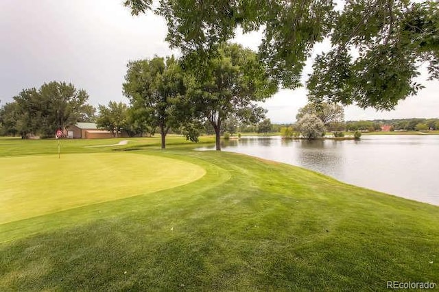 view of community with a water view and a lawn