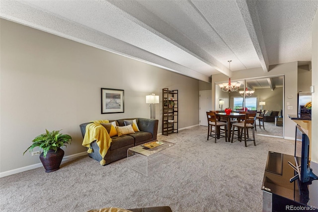 carpeted living area with a textured ceiling, lofted ceiling with beams, a chandelier, and baseboards