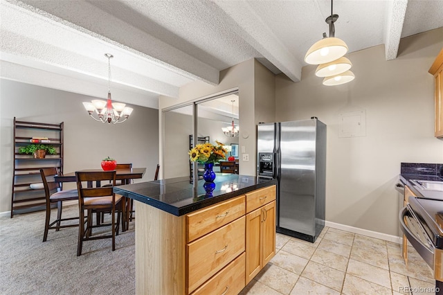 kitchen with decorative light fixtures, light brown cabinetry, a notable chandelier, and stainless steel fridge with ice dispenser