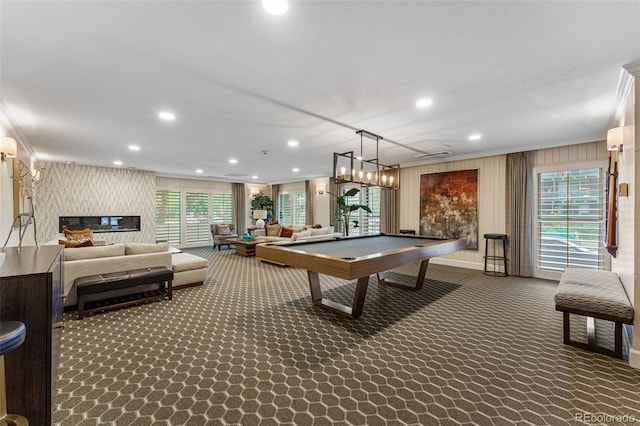 playroom with ornamental molding, recessed lighting, carpet flooring, and billiards