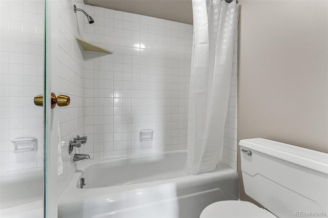 bathroom with toilet and shower / bathtub combination with curtain