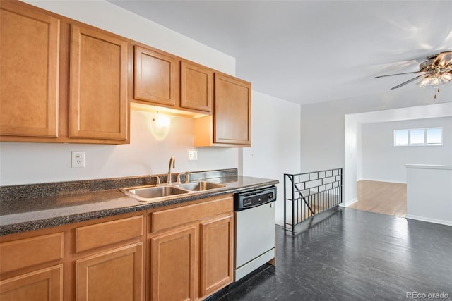 kitchen with white dishwasher, sink, and ceiling fan