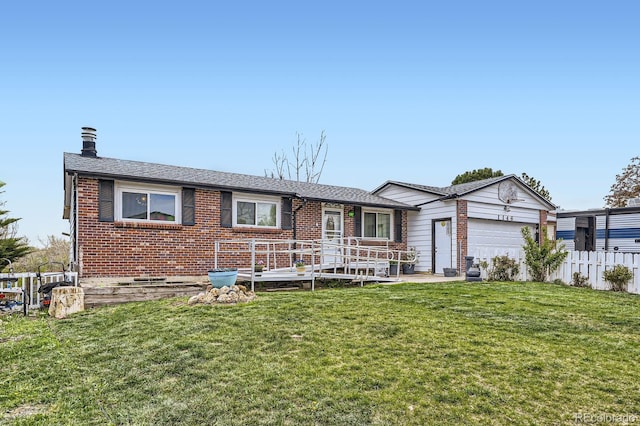 single story home with brick siding, a garage, and roof with shingles