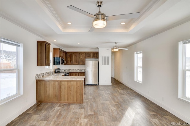 kitchen with kitchen peninsula, a wealth of natural light, and appliances with stainless steel finishes