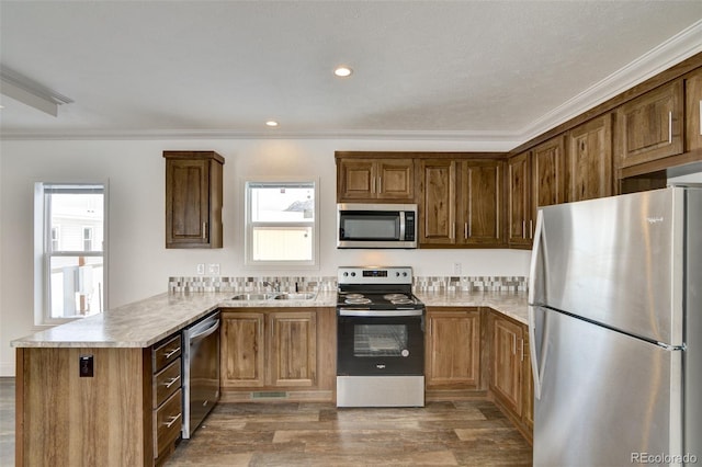 kitchen with kitchen peninsula, appliances with stainless steel finishes, crown molding, and sink