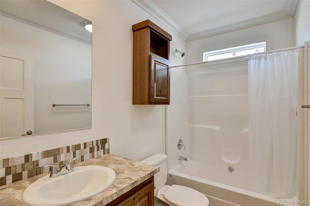 full bathroom with shower / bath combo, backsplash, ornamental molding, vanity, and toilet