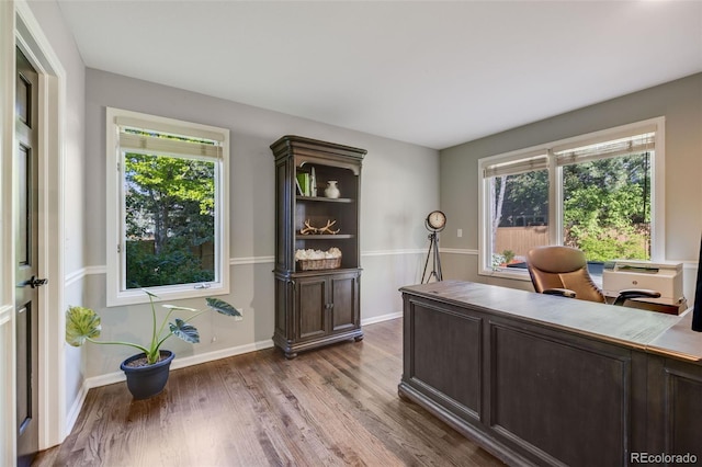 office space featuring wood finished floors, healthy amount of natural light, and baseboards
