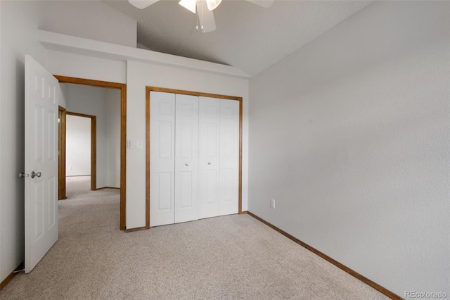 2859 Front Royal Dr, Colorado Springs, CO 80919 - unfurnished bedroom with lofted ceiling, light colored carpet, a closet, and ceiling fan