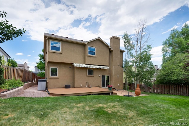 2859 Front Royal Dr, Colorado Springs, CO 80919 - back of house featuring a fenced backyard, a wooden deck, a chimney, and stucco siding