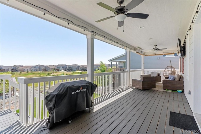 7074 S Vandriver Ct, Aurora, CO 80016 - wooden deck featuring a ceiling fan, a residential view, and grilling area