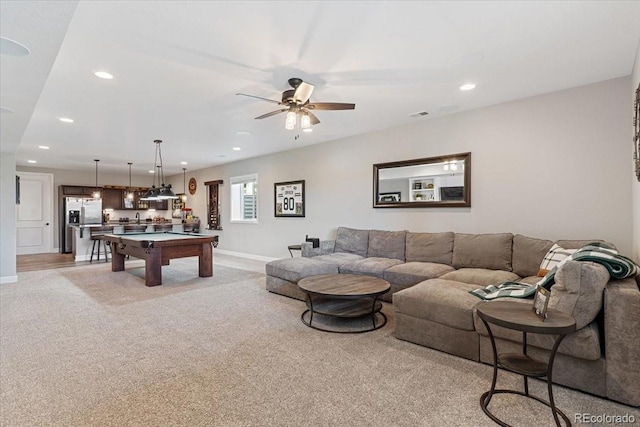 7074 S Vandriver Ct, Aurora, CO 80016 - living area featuring light carpet, pool table, recessed lighting, and ceiling fan
