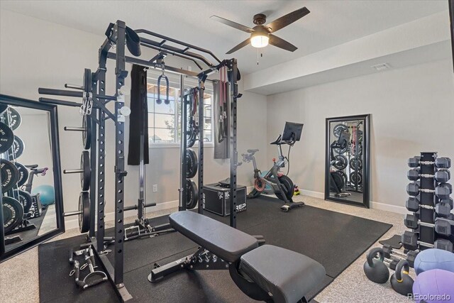 7074 S Vandriver Ct, Aurora, CO 80016 - exercise area featuring a ceiling fan and baseboards