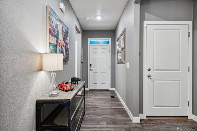 doorway featuring dark wood-type flooring