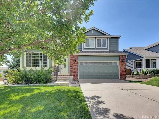 8906 Miners Dr, Highlands Ranch, CO 80126 - view of front of house featuring brick siding, concrete driveway, an attached garage, and a front lawn