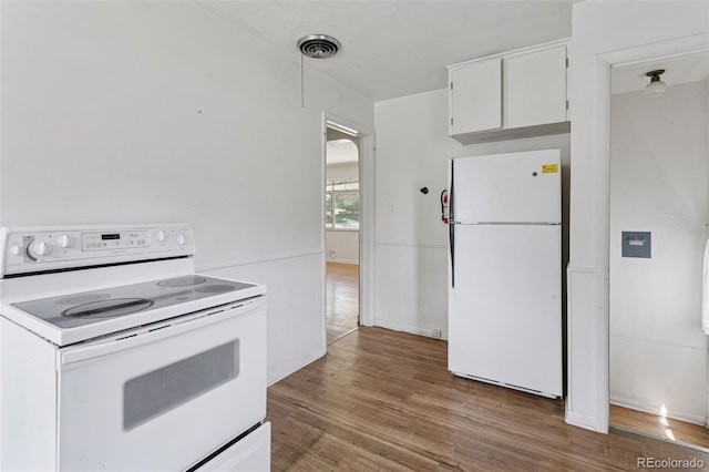 1585 S University Blvd, Denver, CO 80210 - kitchen with white appliances, wood finished floors, white cabinetry, and light countertops