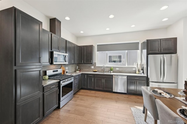 7812 W 43rd Pl, Wheat Ridge, CO 80033 - kitchen with stainless steel appliances, a sink, light countertops, backsplash, and light wood finished floors