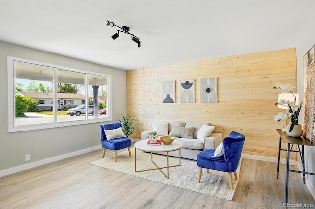 living area featuring baseboards, wood walls, and wood finished floors