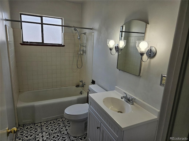 1822 E Pikes Peak Ave, Colorado Springs, CO 80909 - bathroom featuring toilet, tile patterned flooring, shower / washtub combination, and vanity
