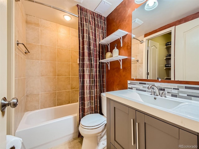 full bathroom with vanity, tile patterned floors, decorative backsplash, toilet, and shower / bath combo with shower curtain