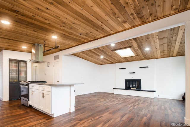 7695 Quitman St, Westminster, CO 80030 - kitchen with island exhaust hood, wood ceiling, stainless steel range oven, dark wood-style floors, and a kitchen island