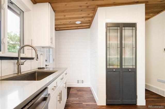 7695 Quitman St, Westminster, CO 80030 - kitchen with wooden ceiling, a sink, dark wood-type flooring, and white cabinets