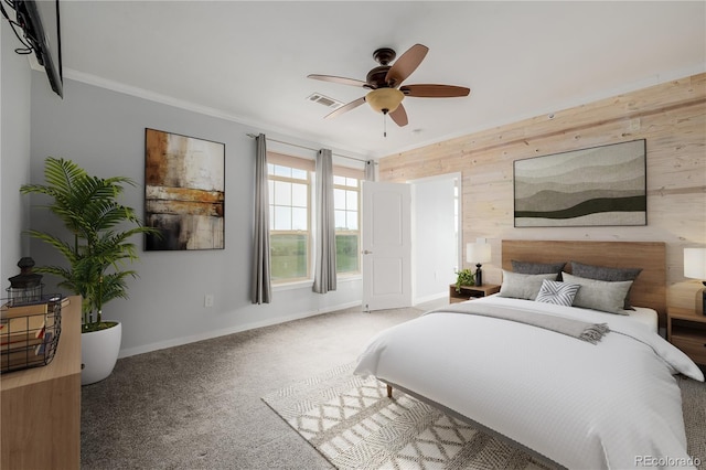 13456 Via Varra Unit 401, Broomfield, CO 80020 - carpeted bedroom with wooden walls, crown molding, and a ceiling fan