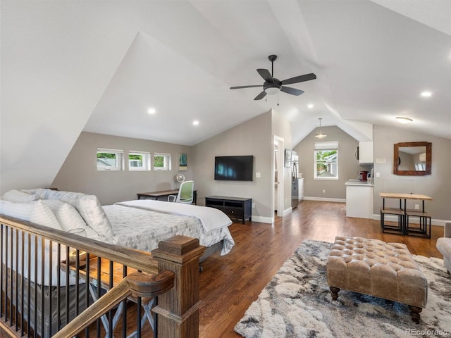 bedroom featuring ceiling fan, dark hardwood / wood-style floors, and lofted ceiling