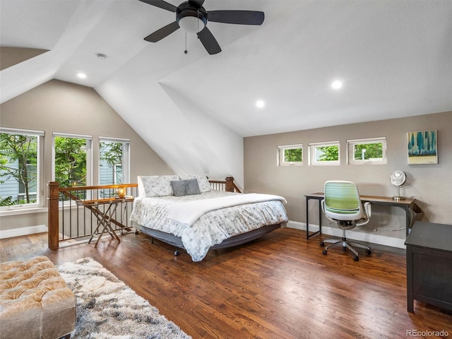 bedroom featuring vaulted ceiling, ceiling fan, and dark hardwood / wood-style flooring