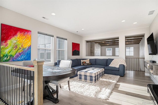 living room with light wood-type flooring and plenty of natural light