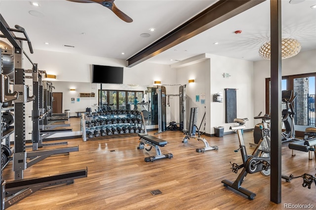 exercise room featuring hardwood / wood-style floors