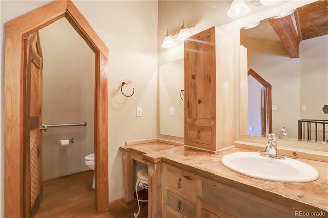 bathroom with hardwood / wood-style flooring, vanity, and toilet