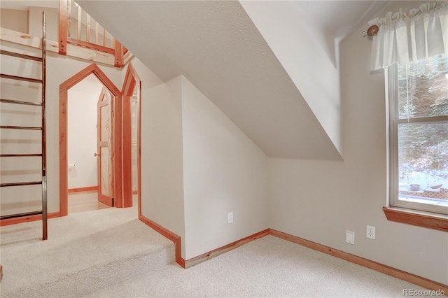 additional living space featuring a textured ceiling, carpet flooring, and vaulted ceiling