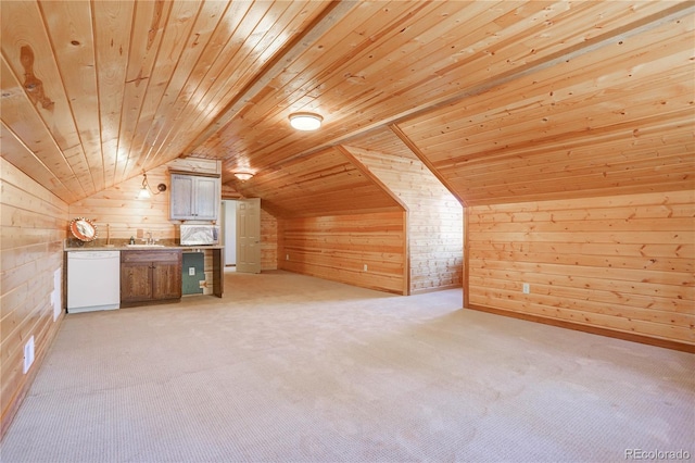 additional living space with lofted ceiling, wood ceiling, wood walls, and light colored carpet