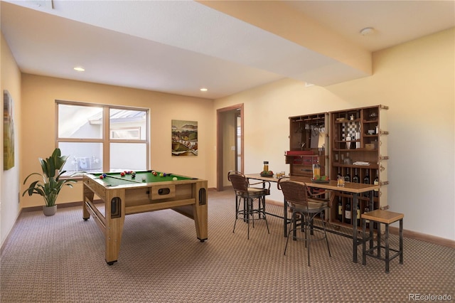 rec room featuring billiards and carpet floors