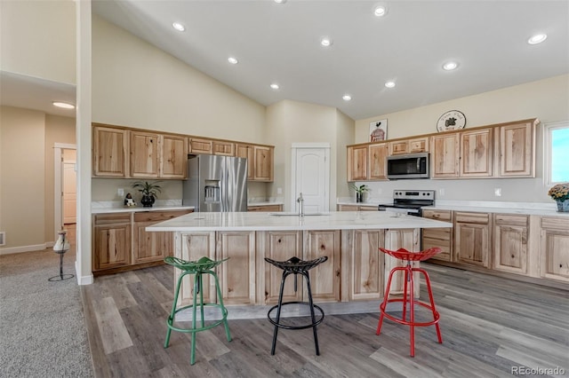 kitchen with high vaulted ceiling, a sink, a breakfast bar area, stainless steel appliances, and a kitchen island with sink