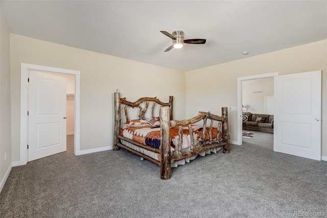 bedroom featuring dark carpet and ceiling fan