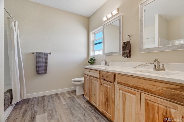 bathroom with wood-type flooring, vanity, and toilet