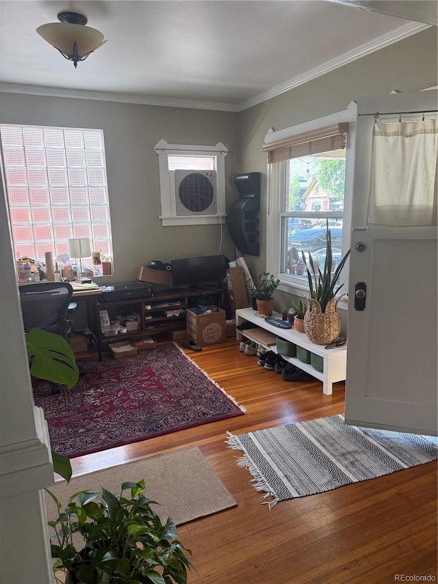 1414 S Pearl St, Denver, CO 80210 - living room with wood finished floors, crown molding, and an office area