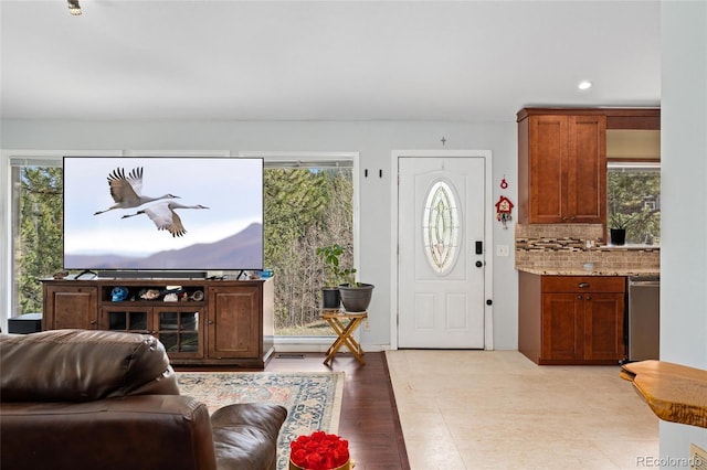 11398 Ranch Elsie Rd, Golden, CO 80403 - entrance foyer with light wood-style floors and recessed lighting