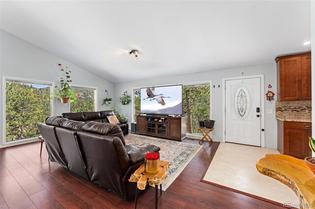11398 Ranch Elsie Rd, Golden, CO 80403 - living room featuring recessed lighting, lofted ceiling, and dark wood-style floors