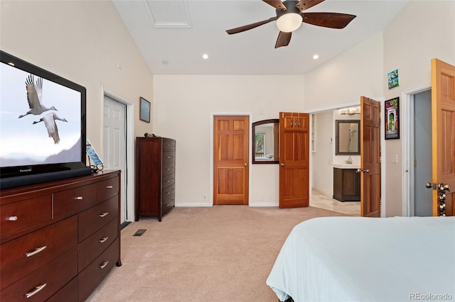 11398 Ranch Elsie Rd, Golden, CO 80403 - bedroom featuring recessed lighting, light carpet, baseboards, ceiling fan, and ensuite bathroom