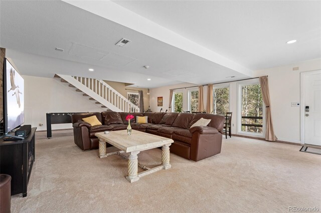 11398 Ranch Elsie Rd, Golden, CO 80403 - living area featuring light carpet, stairs, visible vents, and recessed lighting