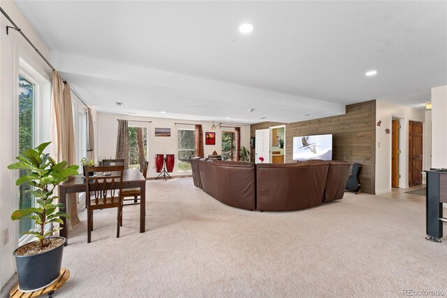 11398 Ranch Elsie Rd, Golden, CO 80403 - living area featuring light carpet, wooden walls, and recessed lighting
