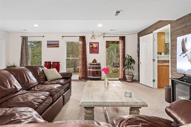 11398 Ranch Elsie Rd, Golden, CO 80403 - living area featuring light carpet, visible vents, and recessed lighting