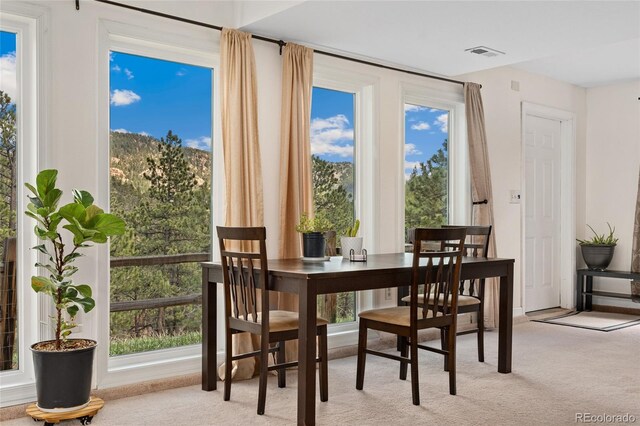 11398 Ranch Elsie Rd, Golden, CO 80403 - dining area with visible vents, a wealth of natural light, light colored carpet, and a mountain view