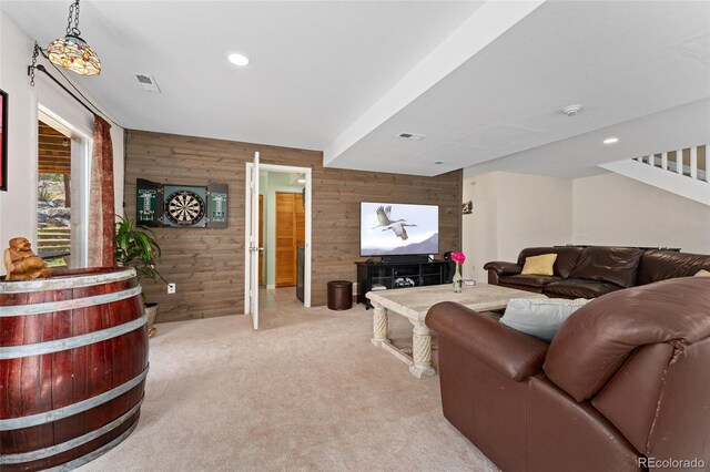 11398 Ranch Elsie Rd, Golden, CO 80403 - living area with recessed lighting, visible vents, wood walls, and light carpet
